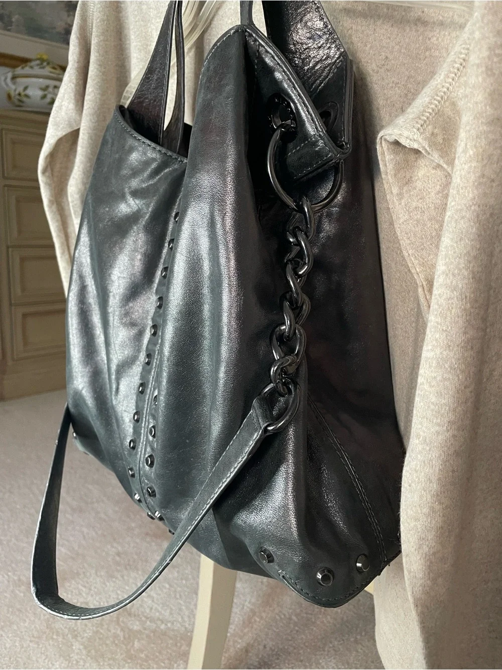 Michael Kors Camden Grommet Leather Hobo Bag Gunmetal Metallic Gray